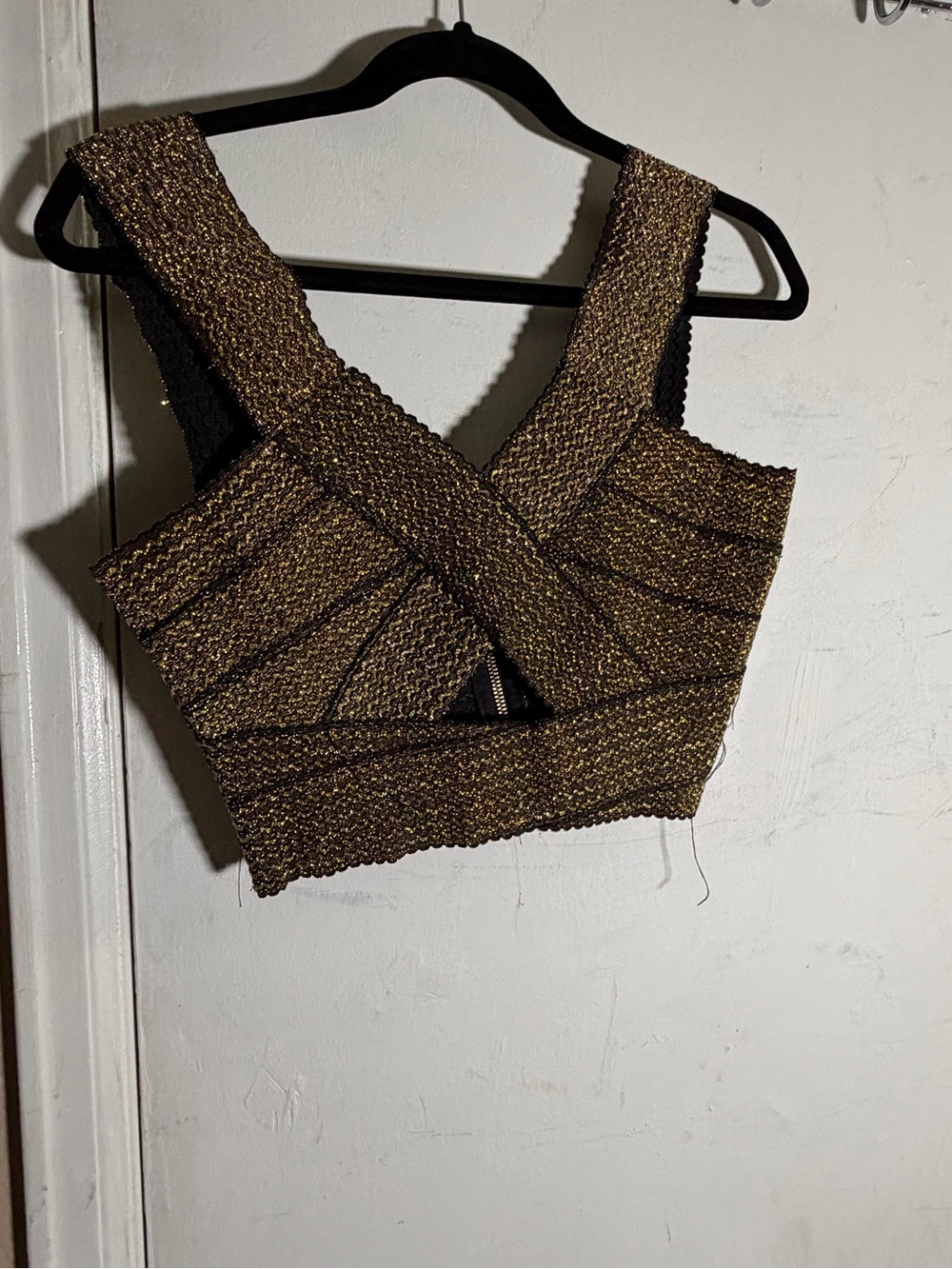 Crossover Metallic Knit Crop Top - Gold